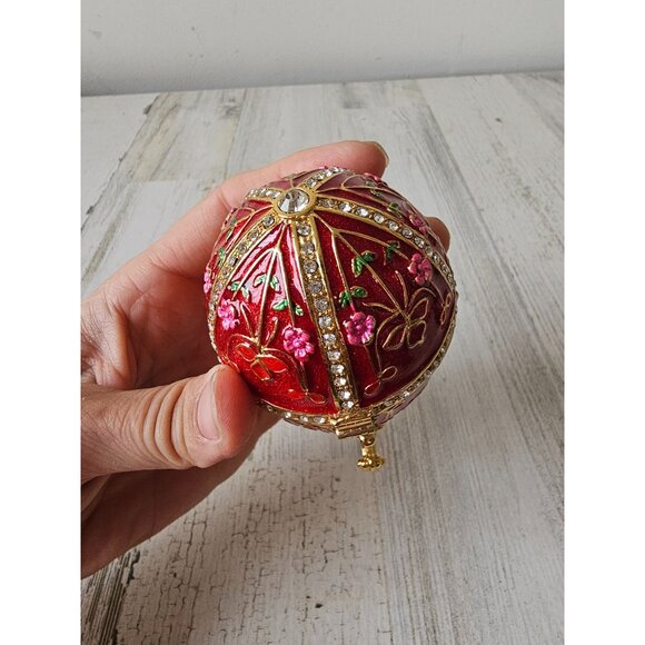 Jeweled egg rhinestone trinket box jewelry red gold flowers daisies - Picture 4 of 8